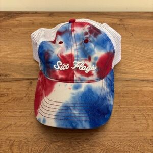 SIX FLAGS Red White Blue Tie-Dye Cap Mesh‎ Baseball Hat Embroidered Adjustable